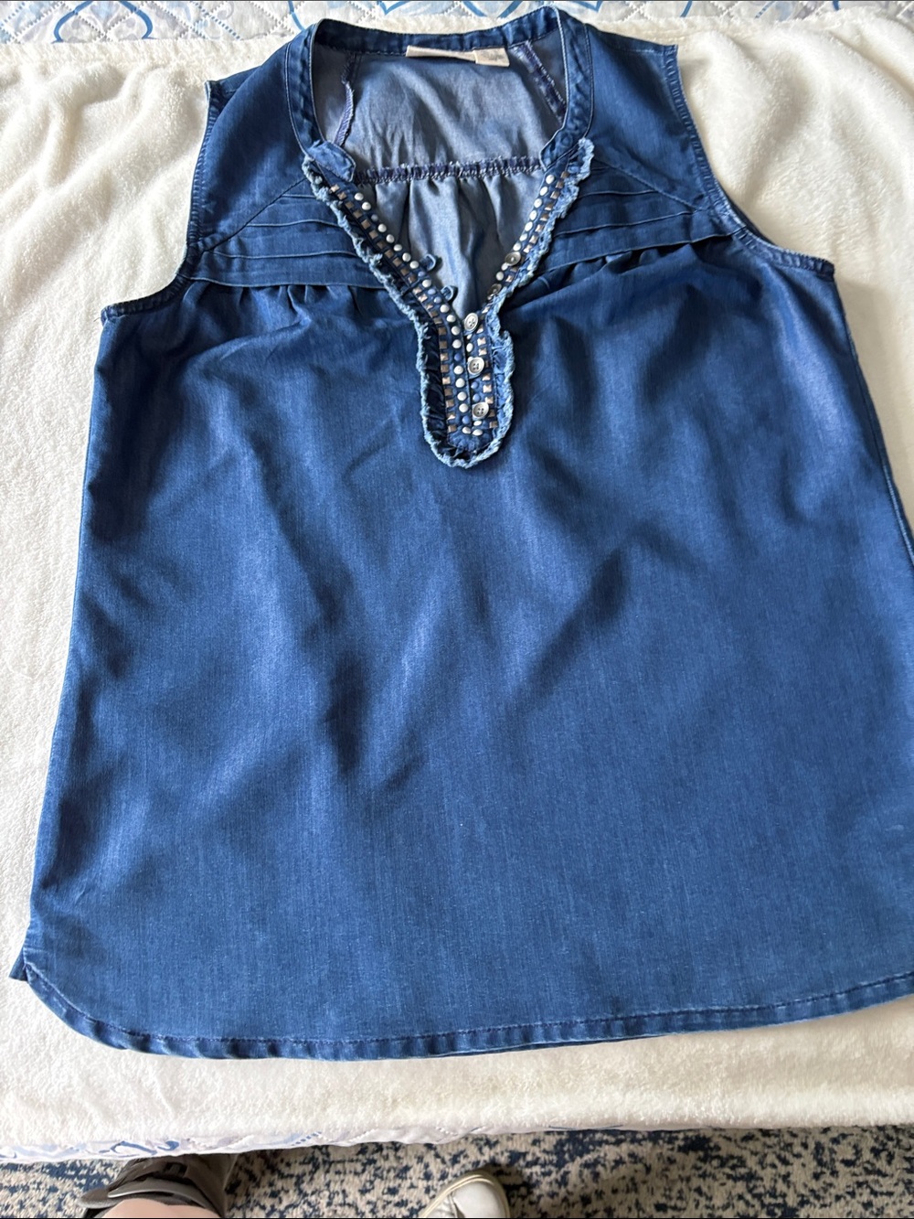 DKNYC Denim-Look Embellished V-Neck Sleeveless Top - Blue